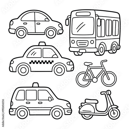 Transport Array Collection: An illustration displaying a collection of various transport modes, each rendered in a simple, clear style.