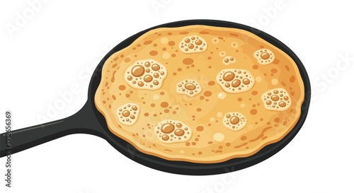 Illustrating the essence of home cooking, a perfectly round, golden pancake bubbles with developing textures in a dark skillet, promising a