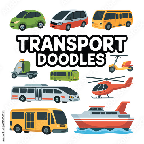 Transport Doodles: A colorful assortment of transport doodles showcasing a diverse range of vehicles ready for travel. 