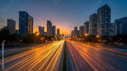 Dynamic Cityscape at Dusk with Streaking Car Lights and Modern Architecture.