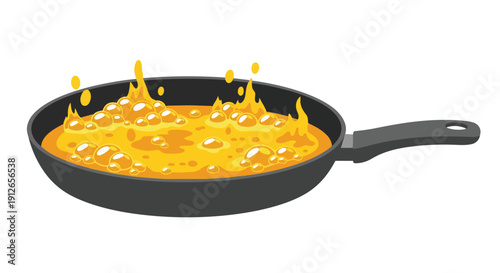 Vivid cartoon illustration of a black frying pan with actively bubbling golden liquid, showcasing a dynamic cooking scene featuring splashes and