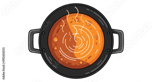 A captivating overhead view of a dark cooking pot filled with vibrant, hot, reddish-orange liquid, actively simmering with dynamic swirling
