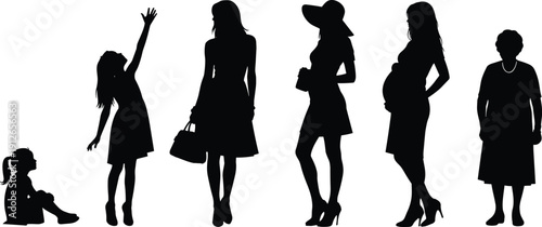 Black silhouette of female life cycle from childhood to old age showing girl woman and pregnant mother on white background