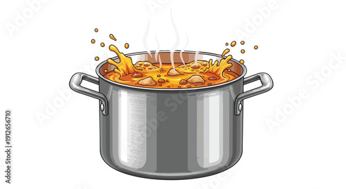 Vibrant illustration of a metallic pot with a rich, hot stew vigorously boiling and splashing, creating a dynamic culinary scene for a delicious,