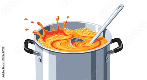 Vibrant culinary illustration depicting a pot of actively boiling liquid with a stirring ladle