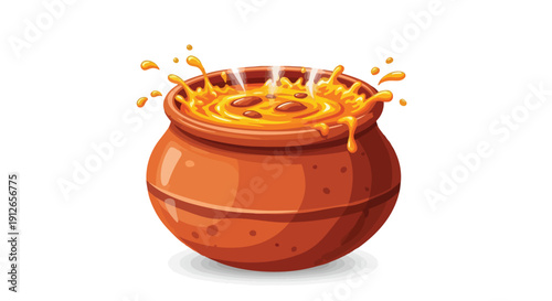 A captivating illustration portraying a rustic clay pot generously brimming with vibrant, effervescent liquid, energetically splashing and bubbling