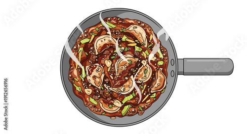 A vibrant illustration of delicious savory dumplings simmering in a rich, aromatic sauce, garnished with fresh greens in a hot pan, perfect for an