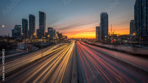 Long exposure shot of a busy highway with light trails and city skyline at sunset.