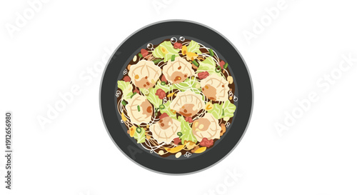 A delightful illustration showcasing a vibrant bowl of Asian dumplings and fresh greens, artfully arranged for a delicious mealtime presentation
