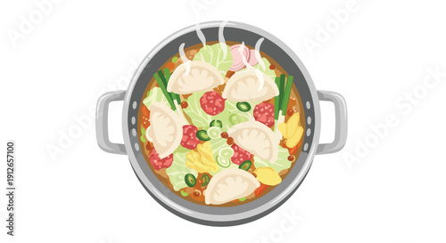 Overhead view of a steaming hot pot with delectable dumplings and fresh vegetables creating a vibrant meal