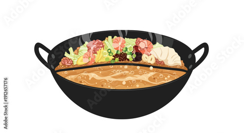 Steaming hot pot with fresh ingredients, including shrimp, crisp vegetables, and savory dumplings in a rich, bubbling broth, for a delightful