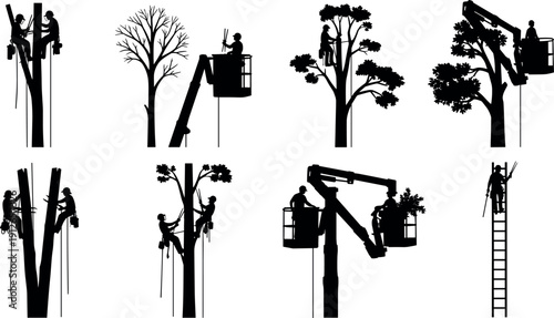 Tree trimming and arborist work silhouettes collection featuring professional workers pruning trees using ropes, ladders, bucket lifts, forestry maintenance activity icons isolated on white background