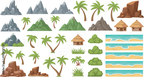 Tropical island environment vector set with mountains palm trees huts rocks bushes and beach elements isolated on white background