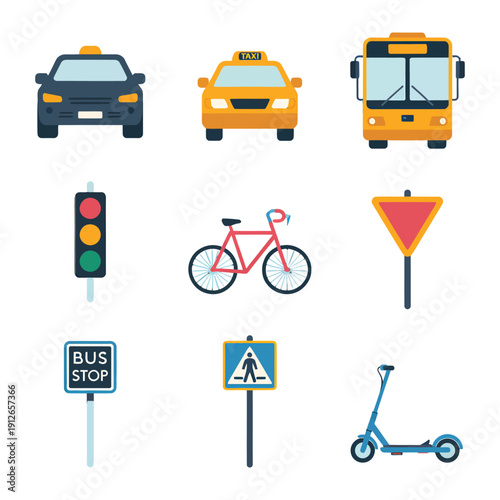 Transportation Icons: An array of various transportation mode and road signs isolated on a surface, each symbol representing essential elements of modern transport system.