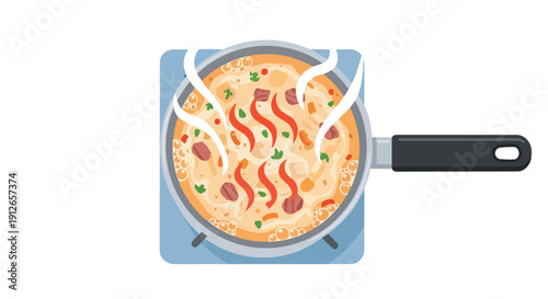 A vibrant culinary illustration depicting a delicious hot meal simmering in a pan on a stove top with steam rising, showcasing home cooking and