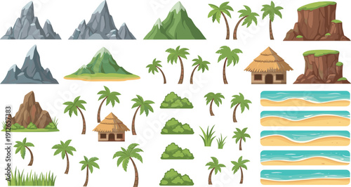 Tropical landscape elements illustration set with mountains, palm trees, huts, bushes, grass and beach shore assets for game design isolated on white background