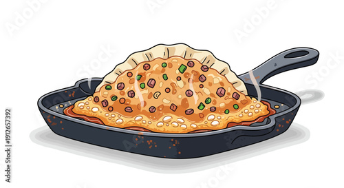 Vibrant vector art of a steaming hot savory dish, bubbling sauce, and colorful toppings in a cast iron skillet.