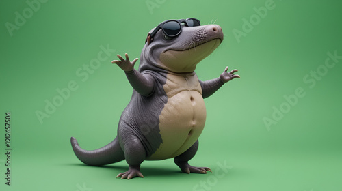 Unique cartoon platypus dancing with funky moves and sunglasses on green screen