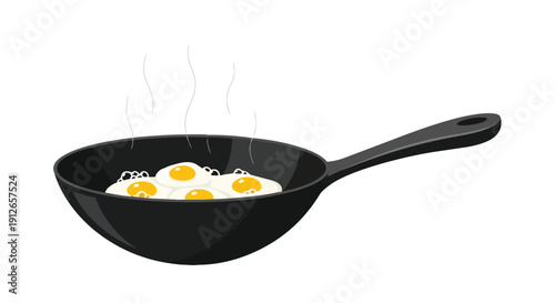 Vibrant illustration of sunny-side up eggs sizzling gently in a classic black frying pan emitting subtle wisps of steam symbolizing a fresh