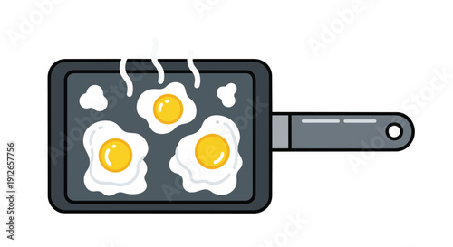 A crisp graphic showing three fresh sunny-side up eggs gently frying in a dark rectangular pan, releasing delicate steam. This clean image enhances