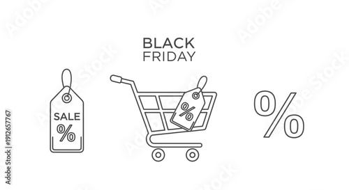 Black Friday Sale Shopping Cart Icons with Percentage Discount and Sale Tag