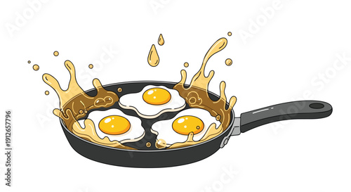 Vivid illustration of three eggs frying in a pan, lively cooking oil splashes for a fresh breakfast