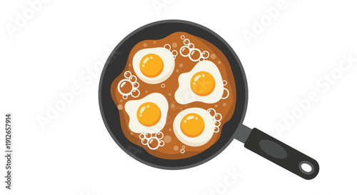 An inviting top-down illustration of four golden sunny-side up eggs cooking beautifully in a dark pan with visible bubbling oil, symbolizing a