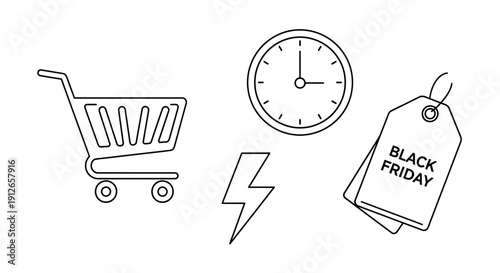 Black Friday Shopping Icons: Cart, Clock, Lightning Bolt, and Tag