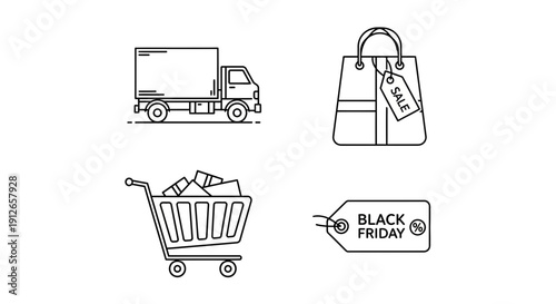 Black Friday shopping icons: delivery truck, shopping bag, cart, and tag.