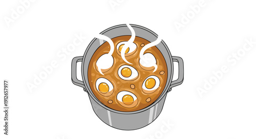 Cartoon depiction of a simmering pot with seven halved boiled eggs in a rich brown sauce, emitting steam, illustrating comforting homemade food