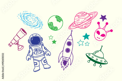 Outer space vector illustration in colorful crayon doodle style set. Hand drawn cute space elements, rough sketch crayon outlines and playful childlike strokes, Isolated on white background