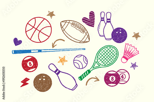 Various sports equipment vector illustration in playful crayon doodle style set. Hand drawn basketball, football, bowling ball and pins. Rough sketch outlines and childlike strokes design template