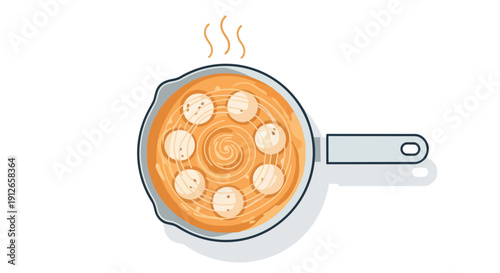 A vibrant vector graphic illustrating a delightful culinary scene, featuring round ingredients gently simmering in a hot, inviting sauce within a