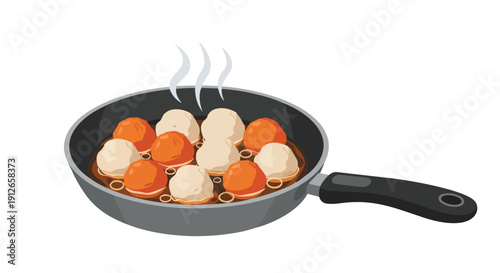 Steaming hot meatballs cooking in a skillet on a stove, a delightful culinary preparation illustration