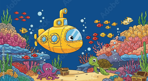 Cartoon yellow submarine exploring coral reef with octopus and sea turtle