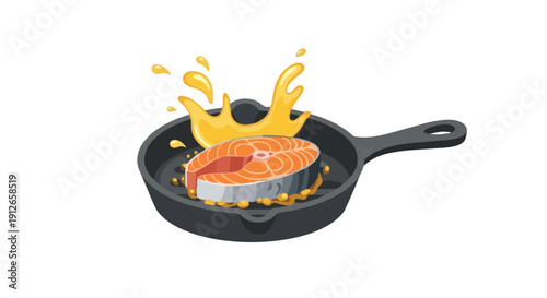 Dynamic illustration of fresh salmon steak sizzling in a hot cast-iron pan with vibrant golden oil splashing gracefully around it for a healthy meal