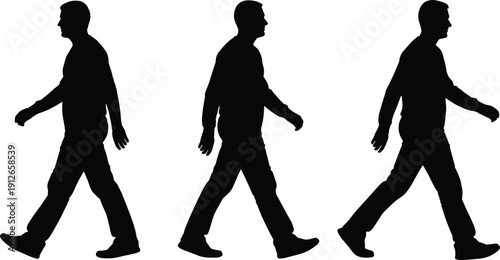 Walking man silhouette sequence side view male pedestrian motion concept isolated black vector illustration, flavector