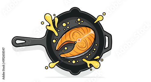 An engaging vector illustration of a flavorful salmon steak searing in a cast iron skillet, surrounded by lively golden oil splatters, signifying
