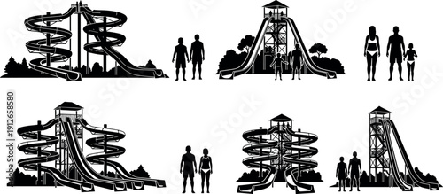 Water park slide silhouette set featuring family visitors, tall spiral slides, outdoor recreation scenes, isolated black figures for summer leisure and tourism design