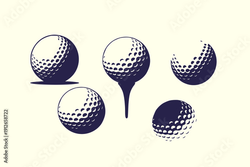 Set of golf balls presented in different perspectives and positions. vector silhouette ball on a tee and partial cut views, vintage golf isolated design template