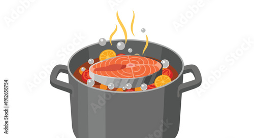 Preparing a delicious salmon dish with fresh vegetables and citrus in a boiling pot