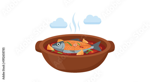 Warm and flavorful fish stew prepared in a traditional brown earthenware pot with steaming broth and fresh ingredients ready for a delightful meal