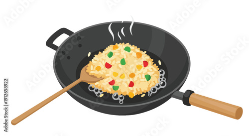 Colorful vegetable fried rice freshly prepared in a hot wok, expertly stirred with a wooden spoon, creating a steamy, appetizing scene for a
