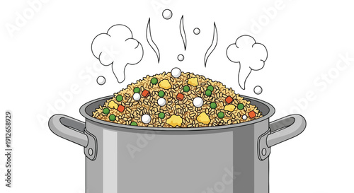 A delightful vector illustration capturing a cooking pot brimming with warm, steaming rice, colorful peas, and diced carrots, symbolizing a
