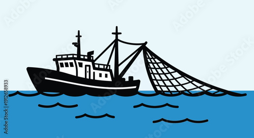 Commercial fishing boat silhouette with large net on blue sea