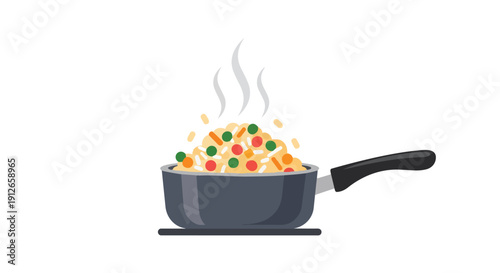 Steaming colorful vegetable rice dish in a sleek grey saucepan, conveying fresh culinary delight and healthy home cooking inspiration for diverse