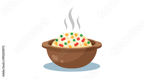 Delicious steaming mixed vegetable rice, a heartwarming and colorful meal, presented in a charming brown ceramic bowl, perfect for a satisfying