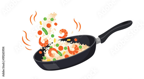 A vibrant culinary illustration capturing the dynamic motion of freshly prepared wok-tossed fried rice with succulent shrimp and colorful garden