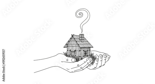 A delicate hand drawn illustration depicts a tiny house nestled within a cupped hand topped with a swirling question mark high quality professional detailed