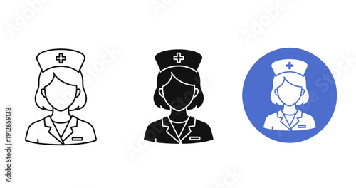 Three female nurse icons in different styles: outline, silhouette, and color